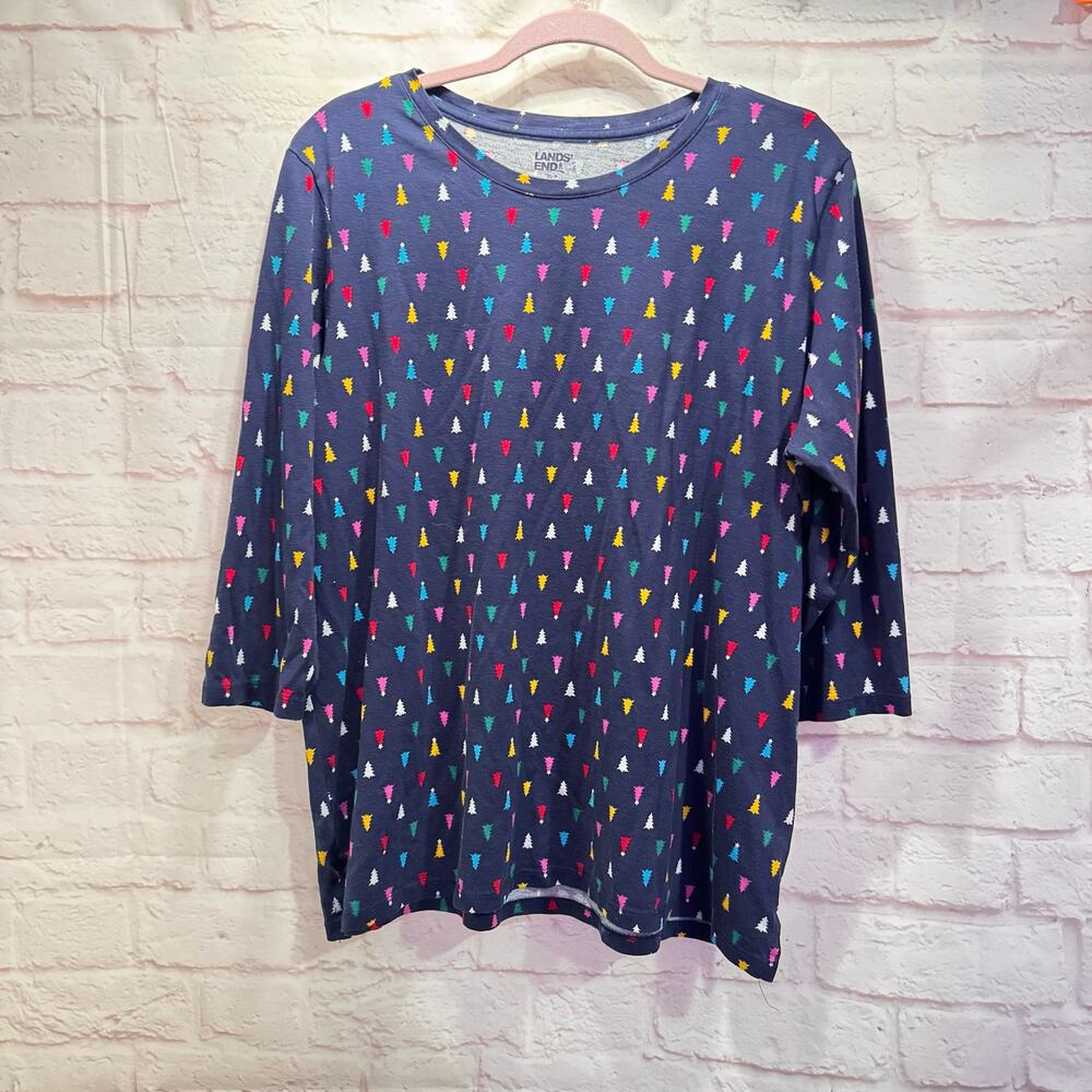 Lands End dark blue with Colorful Christmas Trees 3/4 sleeves Sz XL/P